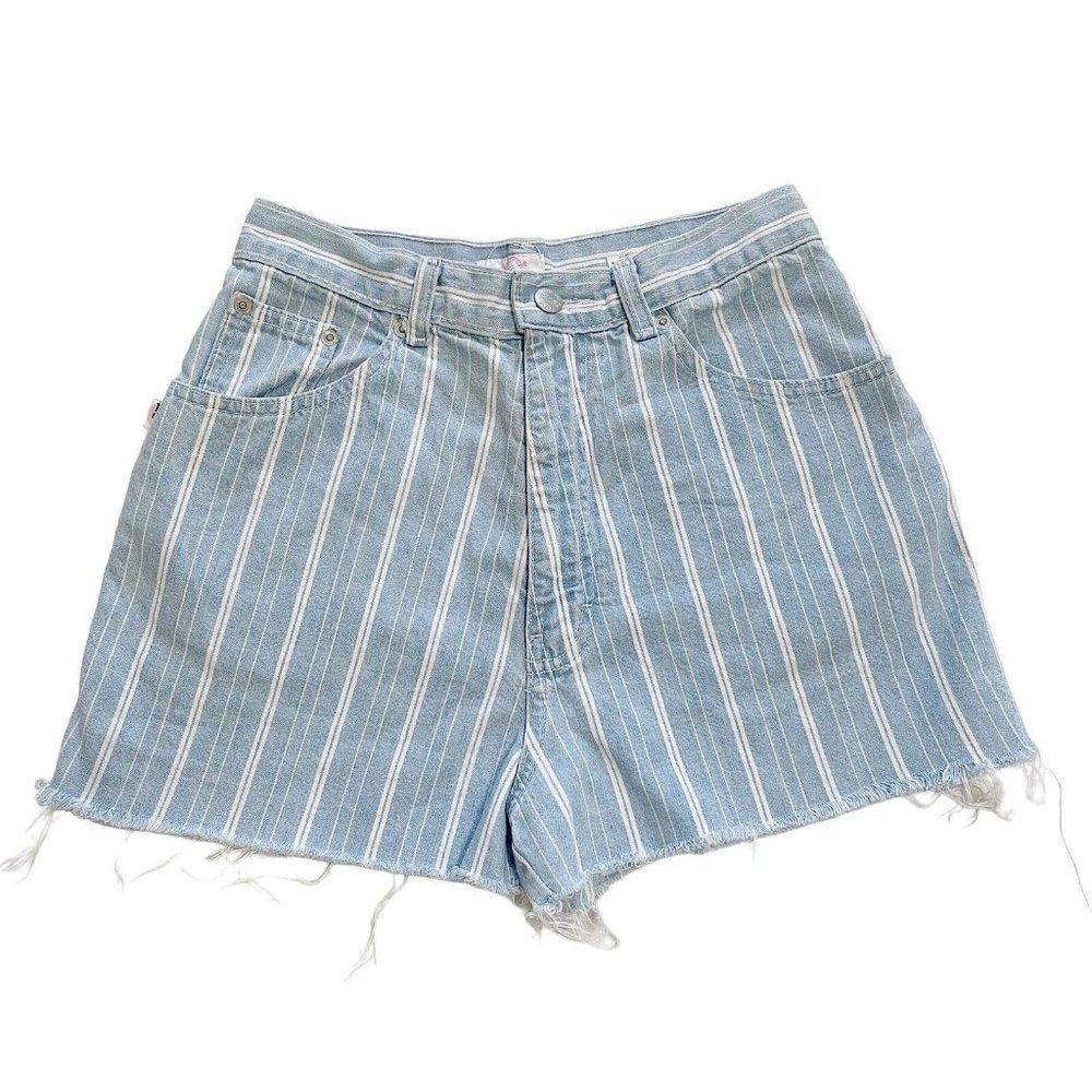 Vintage 80’s Sasson blue denim & white striped high rise cut off jean shorts 7